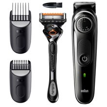 Триммер для бороды и усов Braun BT5342, 2 насадки и бритва Gillette, серо-черный